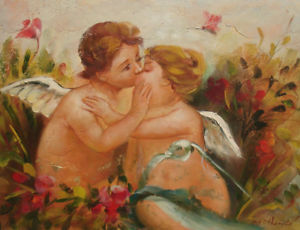 300x230 Oil Painting Of Two Angels Kissing Each Other, Very Peaceful 1216 - Angels Kissing Painting