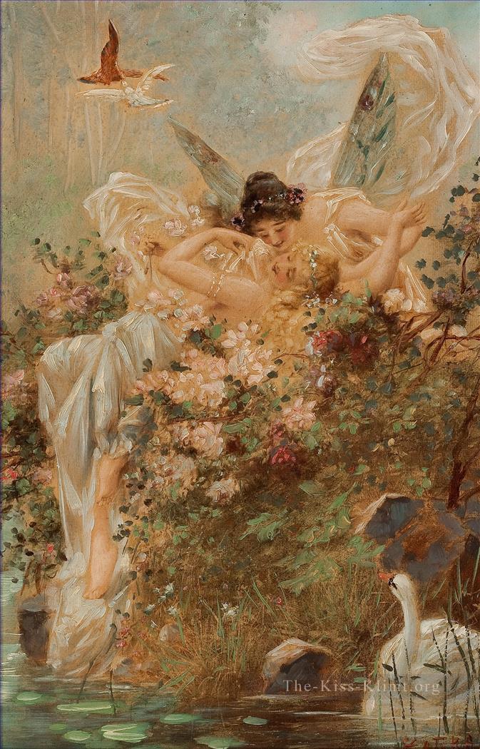 673x1050 Painting Hans Zatzka Kissing Angels And Swan - Angels Kissing Painting
