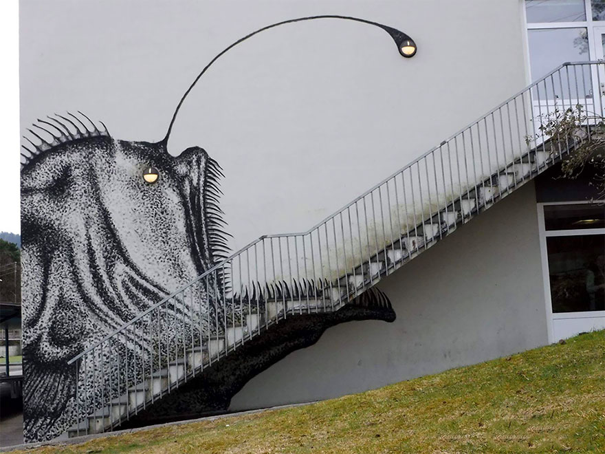 880x660 Street Artist Turns Boring Stairs Into Nightmarish Anglerfish - Angler Fish Painting