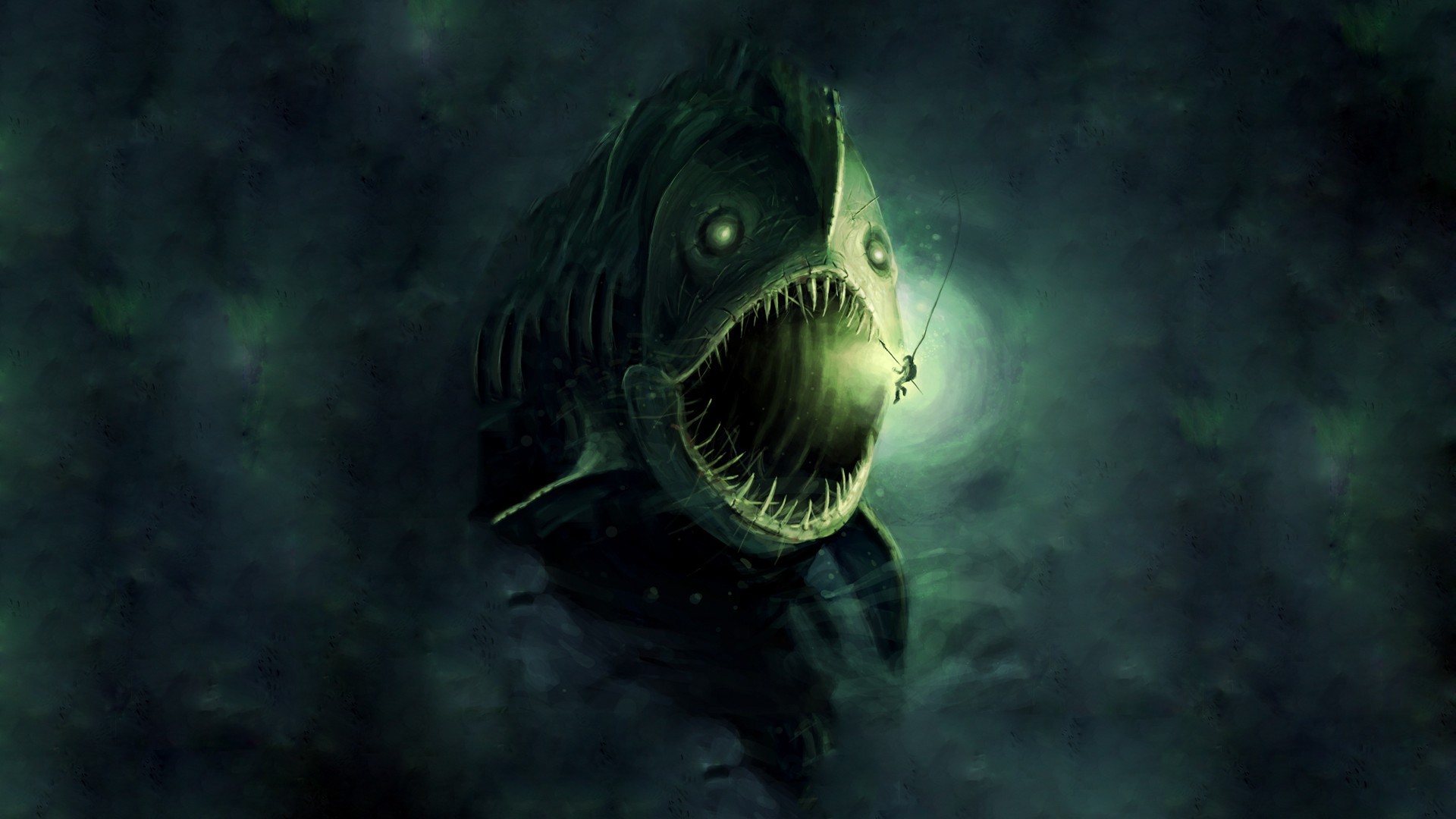 1920x1080 Open Mouth, Painting, Lights, Underwater, Harpoons, Anglerfish - Angler Fish Painting
