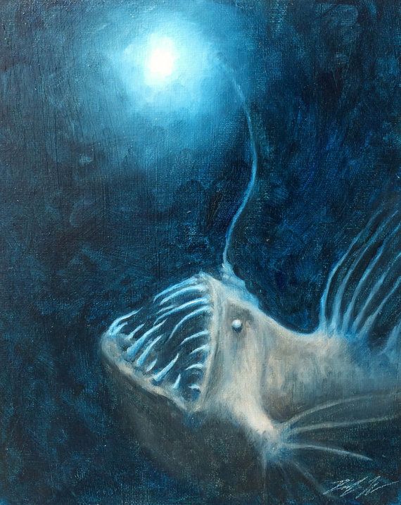 570x717 Angler Fish Original Oil Painting Sea Creature Ocean - Angler Fish Painting