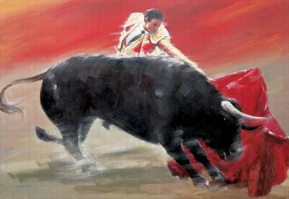 990x682 Cowboy Painting - Angry Bull Painting
