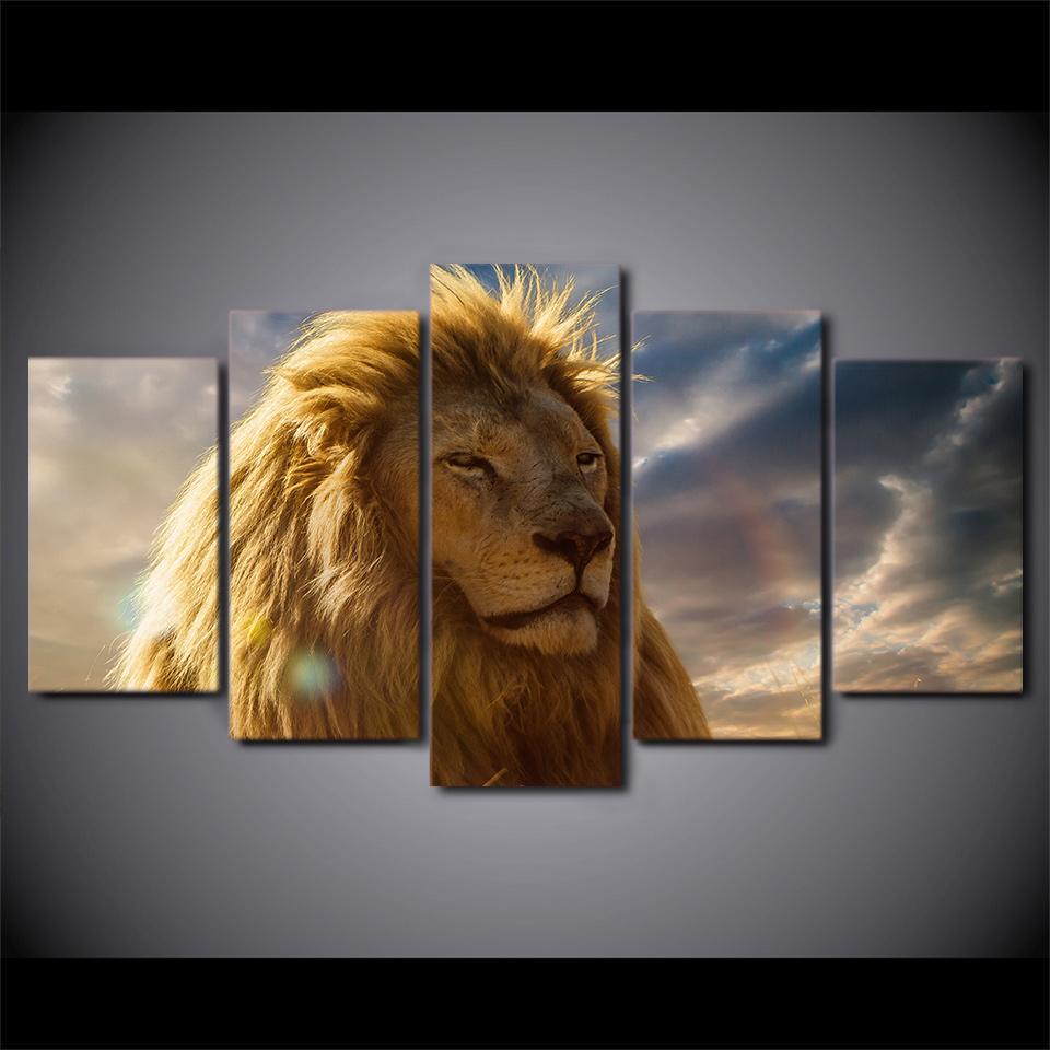 960x960 Hd Printed 5 Piece Animal Head Paintings Yellow Lion Wall Canvas - Animal Head Painting