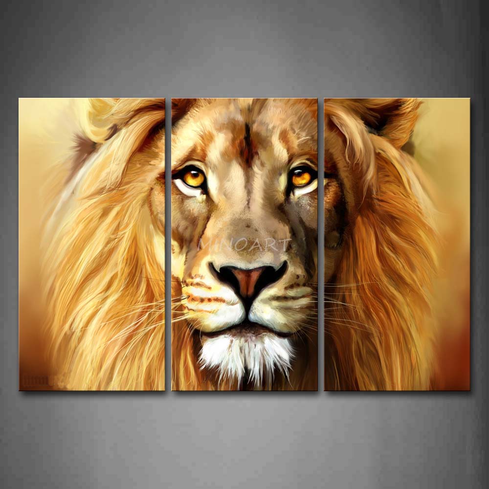 1000x1000 3 Piece Brown Wall Art Painting Lion Head Portrait Print On Canvas - Animal Head Painting
