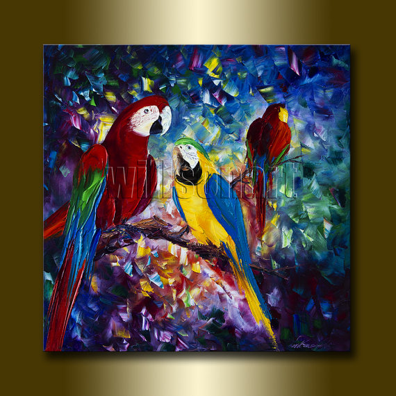570x570 Parrot Portrait Original Animal Oil Painting Textured Palette - Animal Oil Painting