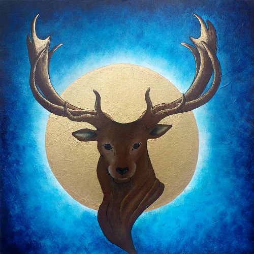 500x500 Cernunnos Golden Stag Painting On Canvas For Sale - Animal Painting