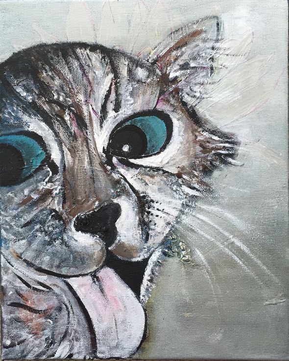 590x735 Cat Ii Tongue Out Acrylic On Canvas Animal Portrait Cats Small - Animal Painting Online