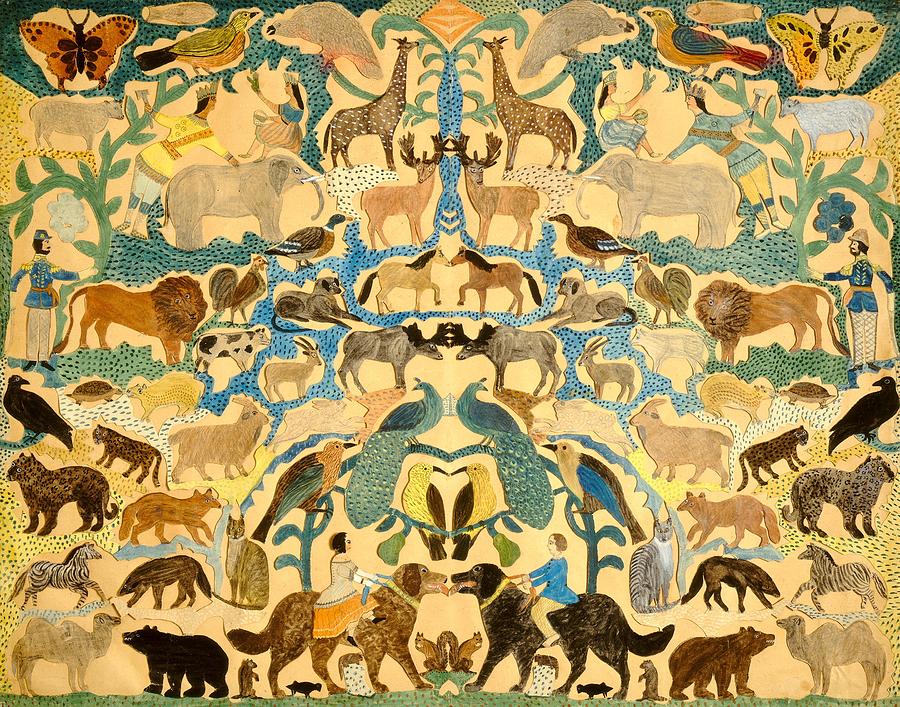 900x707 Antique Cutout Of Animals Painting By American School - Animal Print Painting