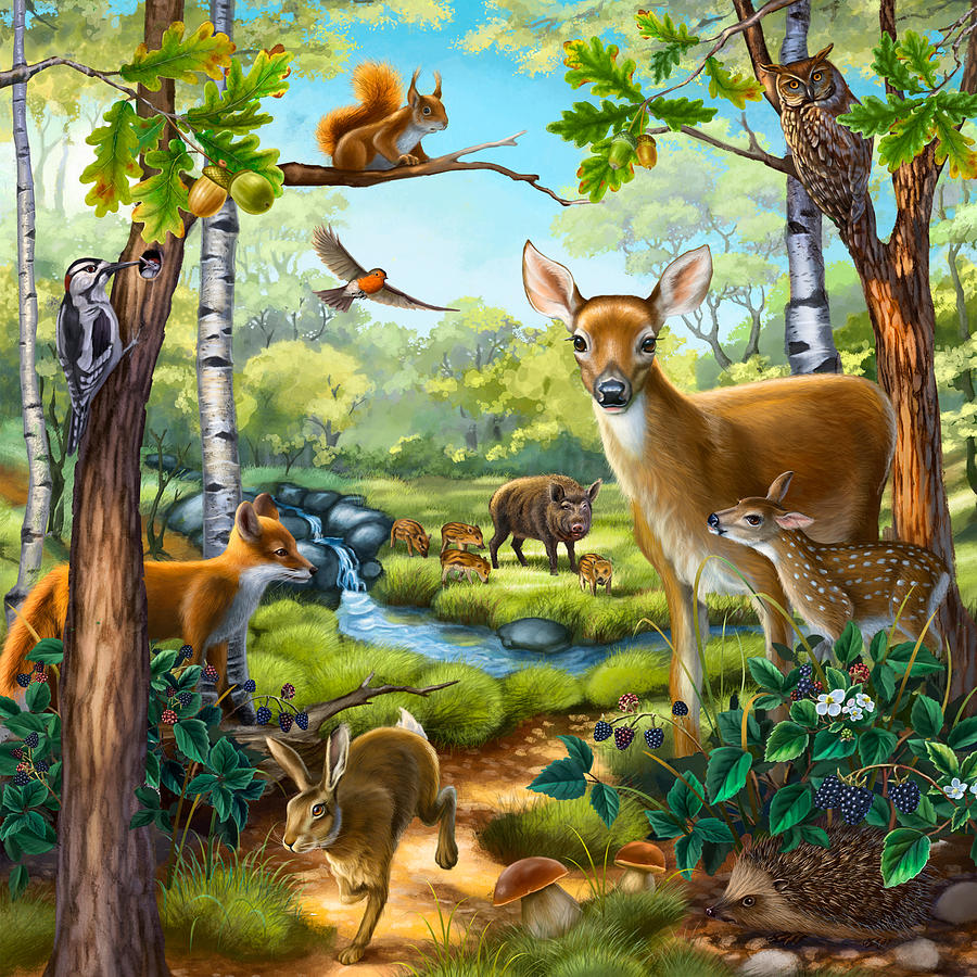 900x900 Forest Animals Painting By Anne Wertheim - Animals Painting Pictures