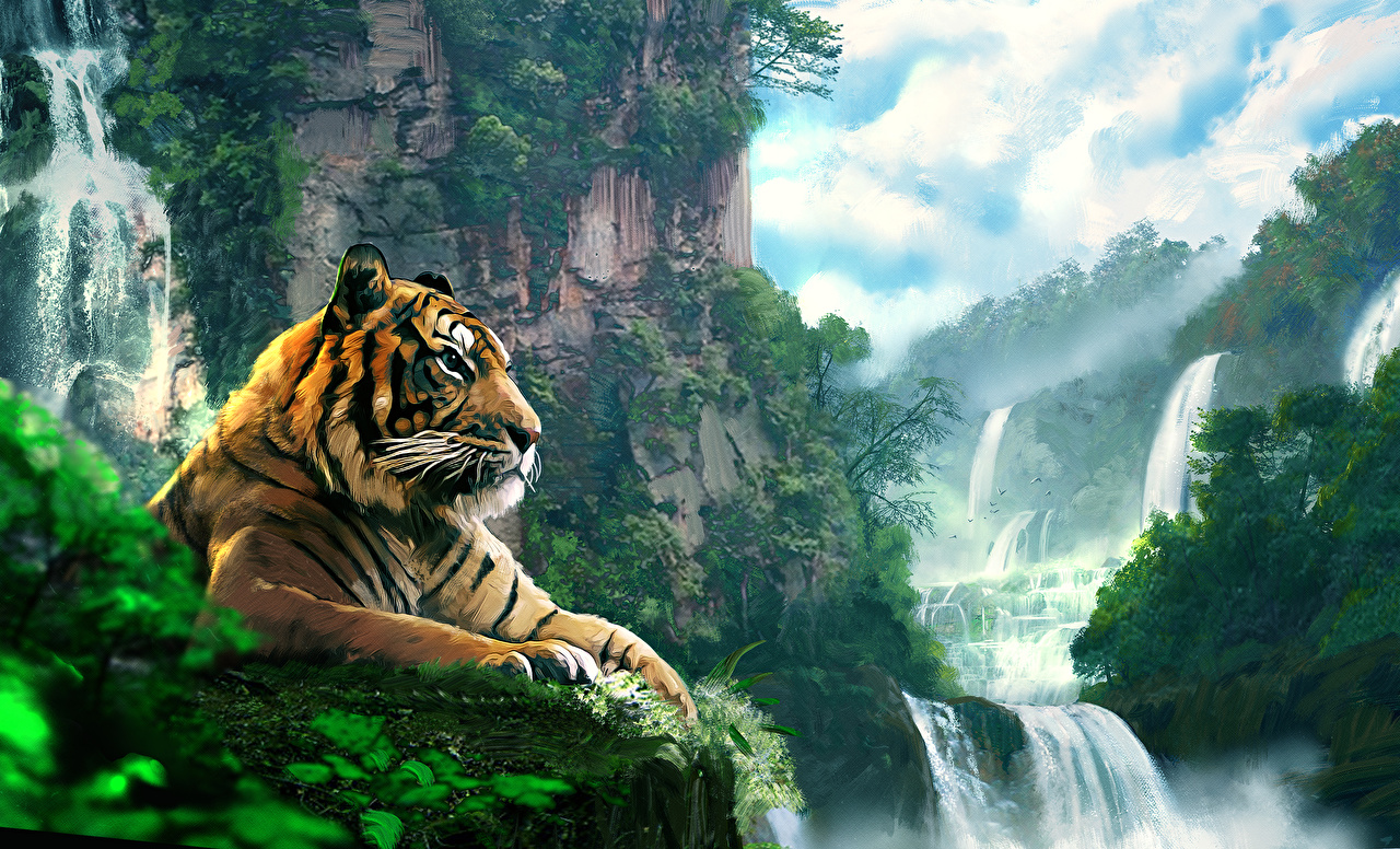 1280x776 Picture Tigers Waterfalls Animals Painting Art - Animals Painting Pictures