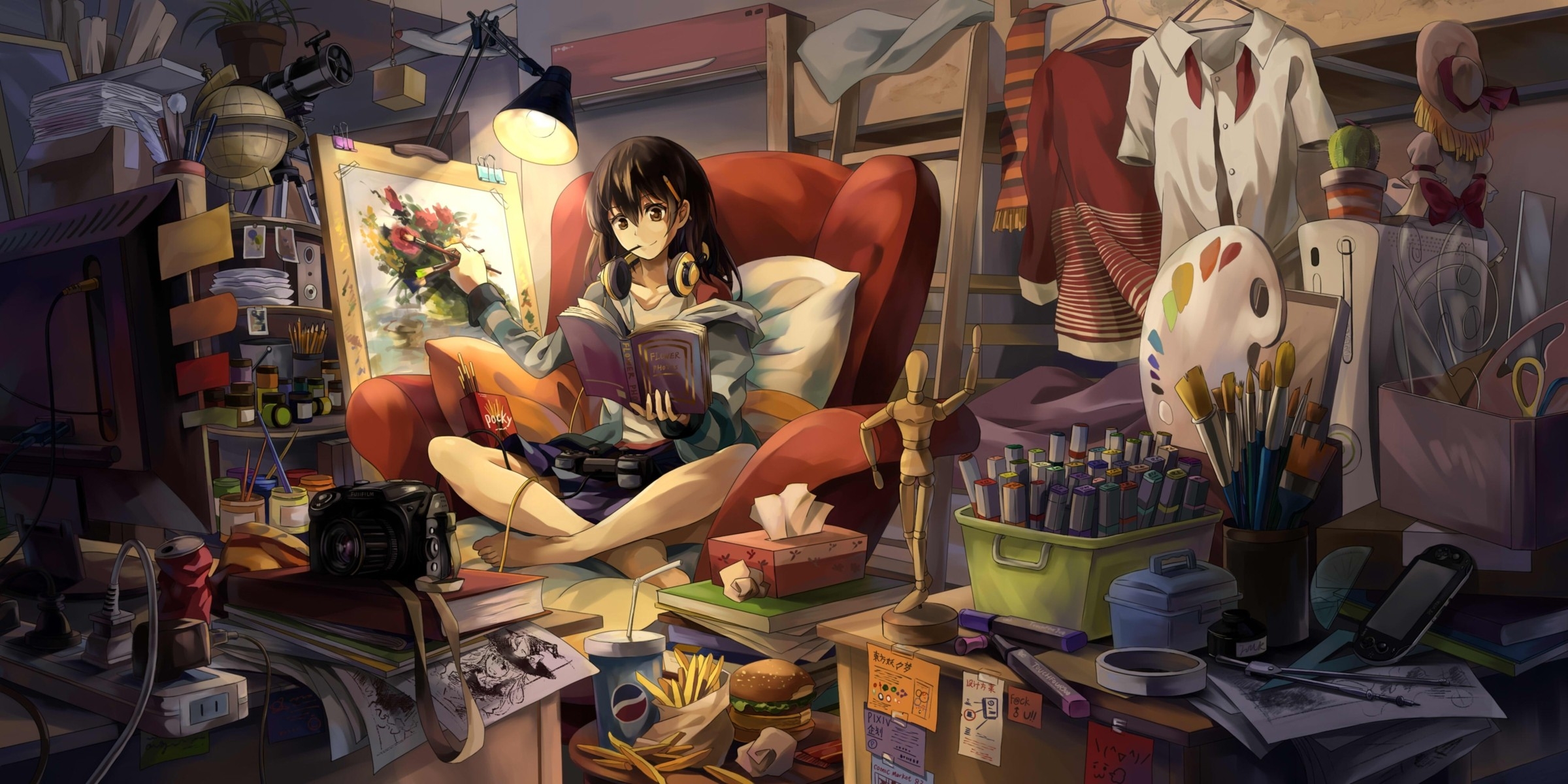 2400x1200 Wallpaper Artist Girl, Painting Room, Anime Girl - Anime About Painting