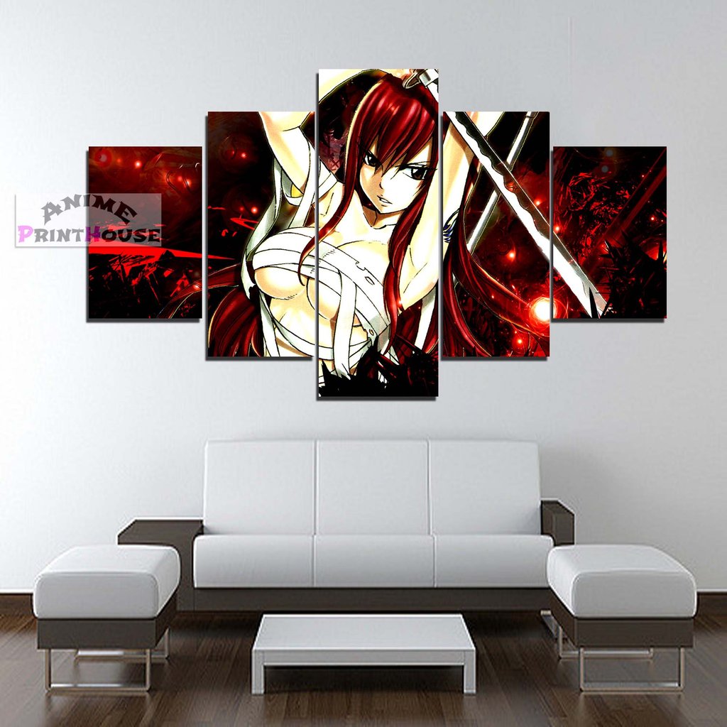 1024x1024 Fairy Tail Canvas Painting Erza Scarlet With Sword Anime Print House - Anime Canvas Painting