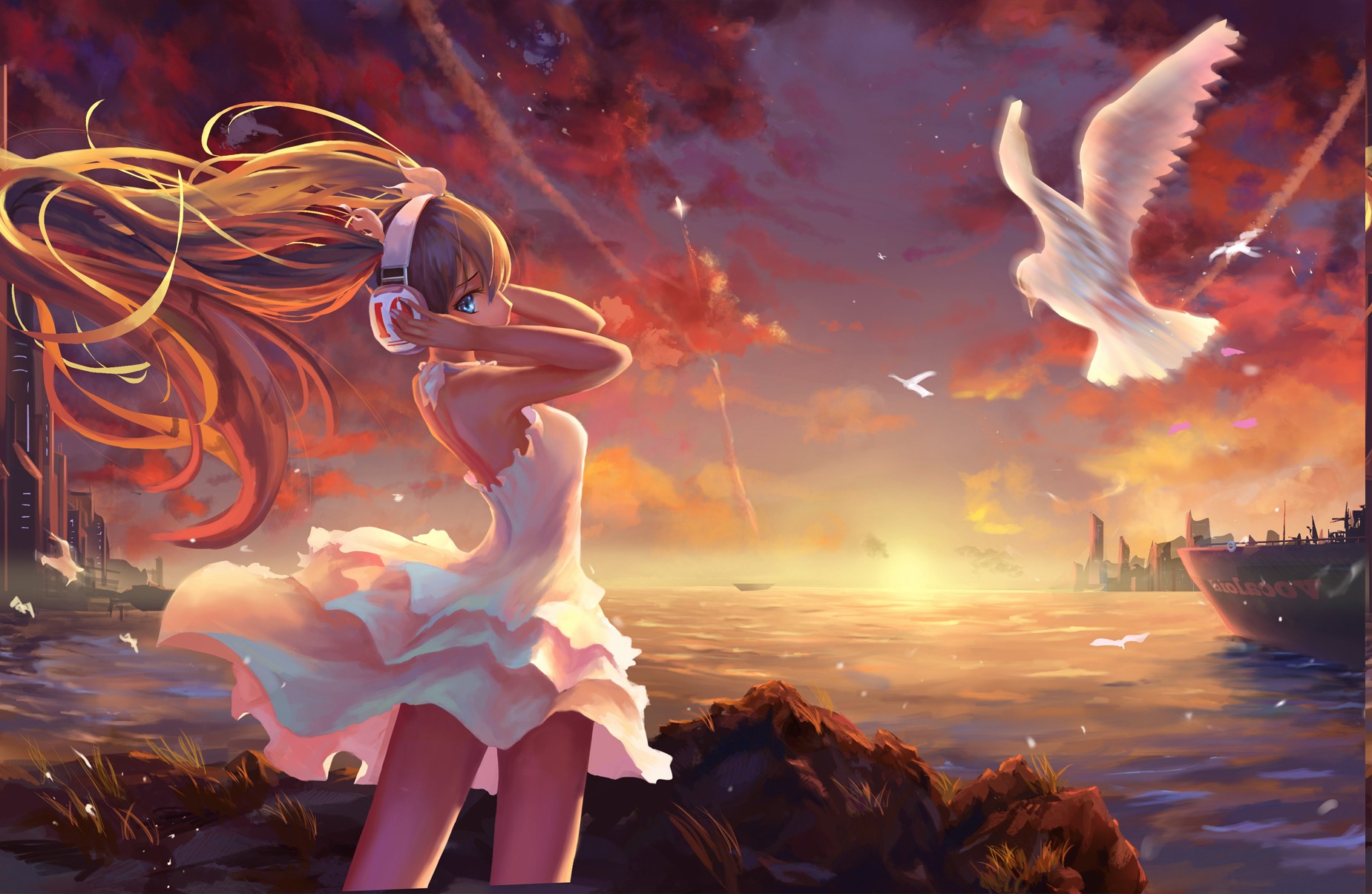 1849x1205 Wallpaper Landscape, Painting, Illustration, Blonde, Sea, Anime - Anime Girl Painting