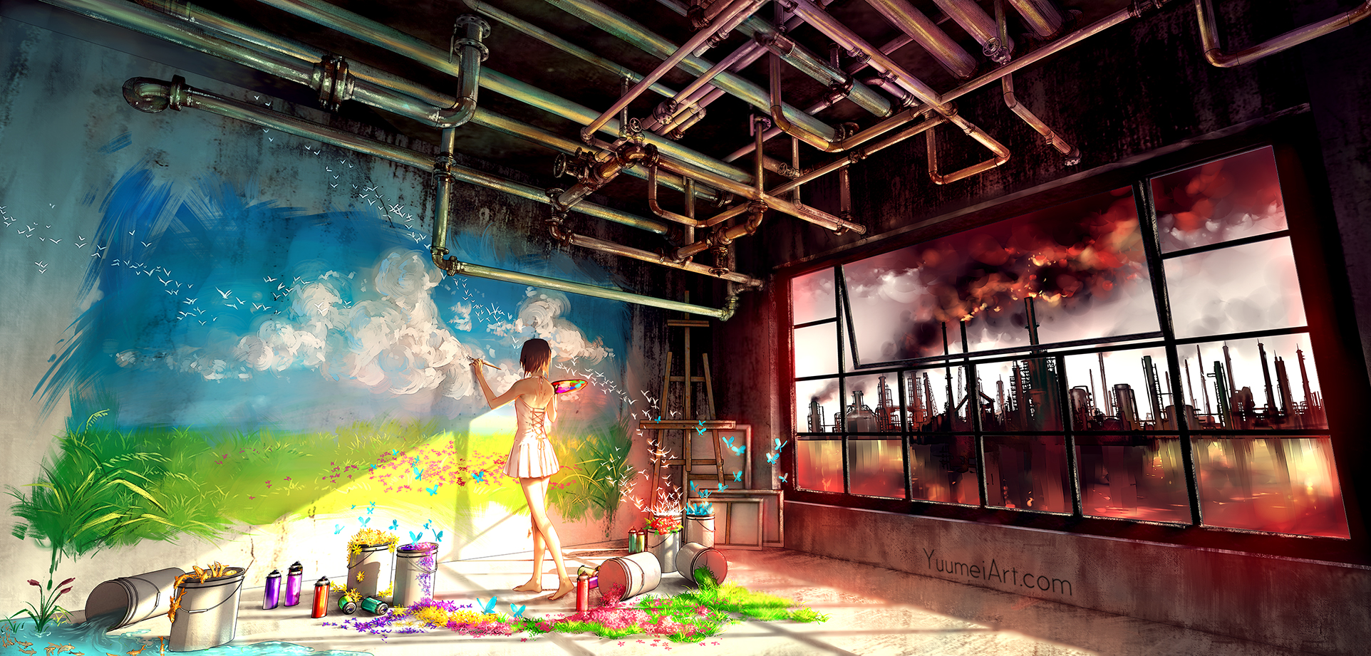 1924x921 Wallpaper Anime Girl, Painting, Room, Anime Landscape, Dress - Anime Girl Painting