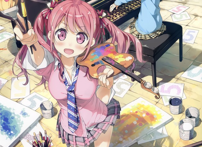 650x473 Wallpaper Anime Girl, Pink Hair, Painting, Smiling - Anime Girl Painting
