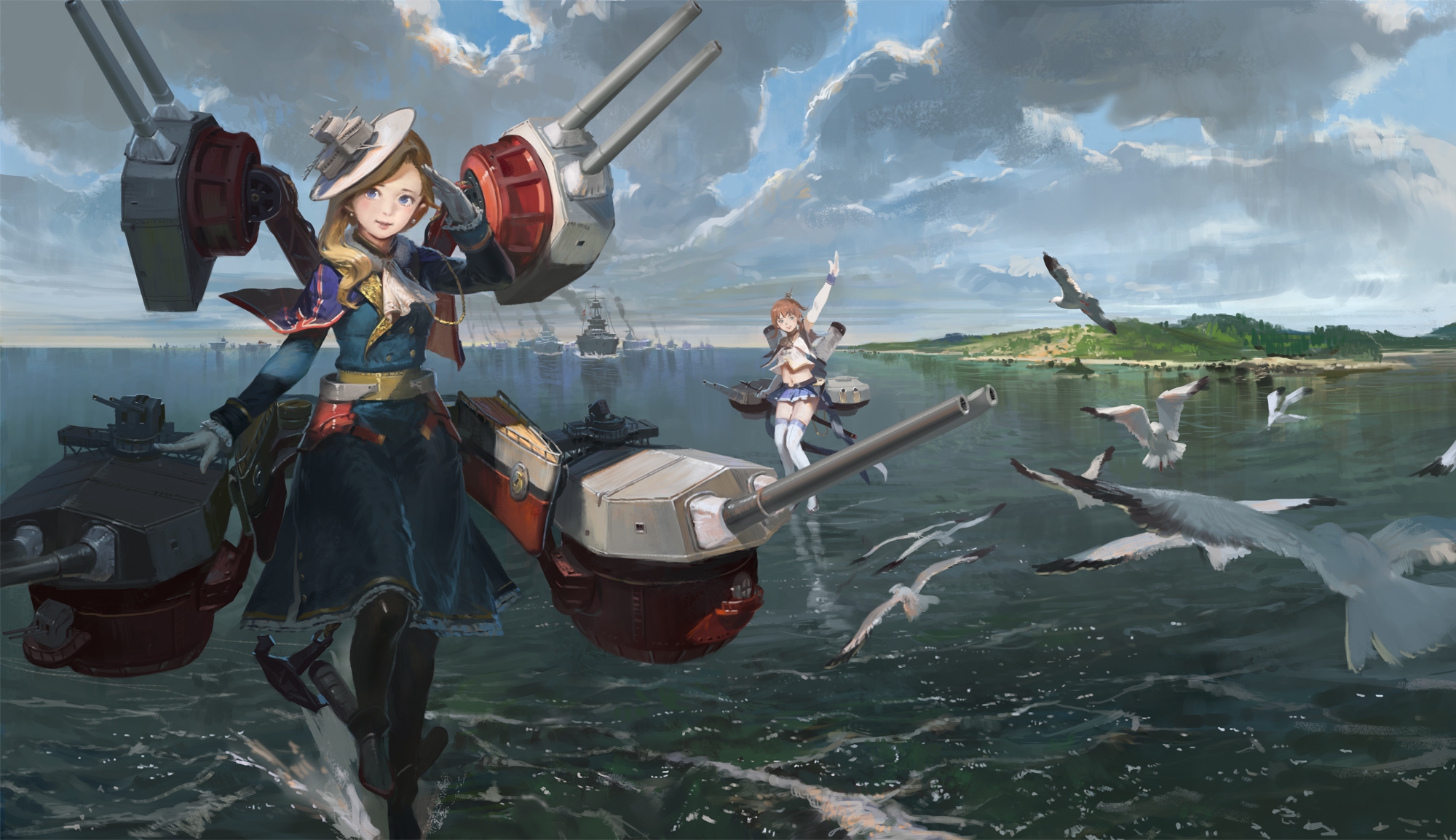 2000x1154 Wallpaper Azur Lane, Cleveland, Hood, Birds, Painting, Ships - Anime Painting Games