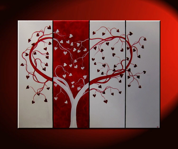 750x627 Red Heart Painting Love Tree Art Red And White Modern Abstract Art - Anniversary Painting