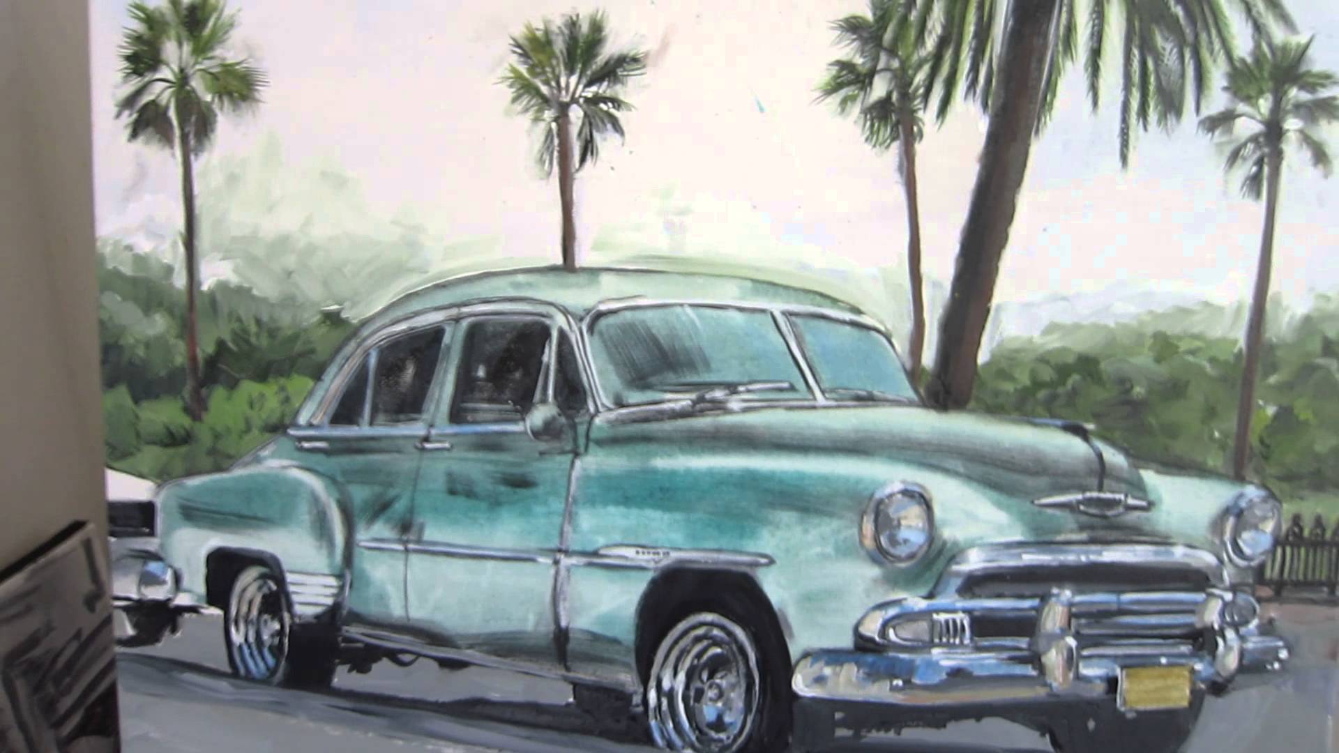 1920x1080 Palm Trees Amp Vintage Cars From Cuba By Painter Susan Pepler - Antique Car Painting