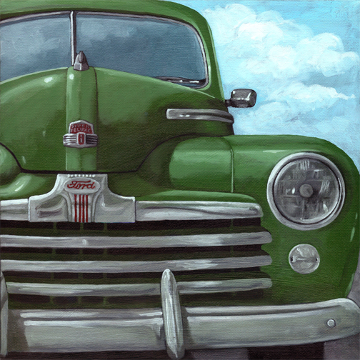 504x504 1950 Classic Super Delux Ford,old Green Car,american Ford Original - Antique Car Painting