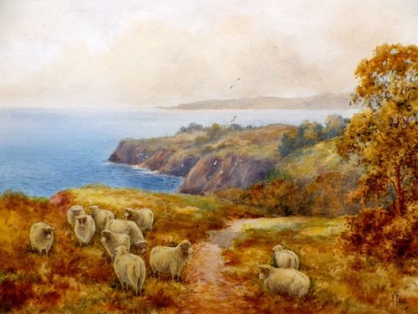 418x314 Antique Watercolour Painting Sheep On Cliff Top By F. Parr - Antique Sheep Painting