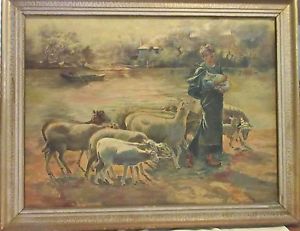 300x231 Antiquevintage Original Framed European Oil Painting - Antique Sheep Painting
