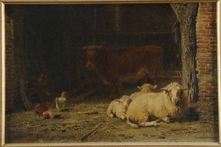 768x512 Frans Lebret, Antique Farmyard Painting Of Sheep And Cow - Antique Sheep Painting
