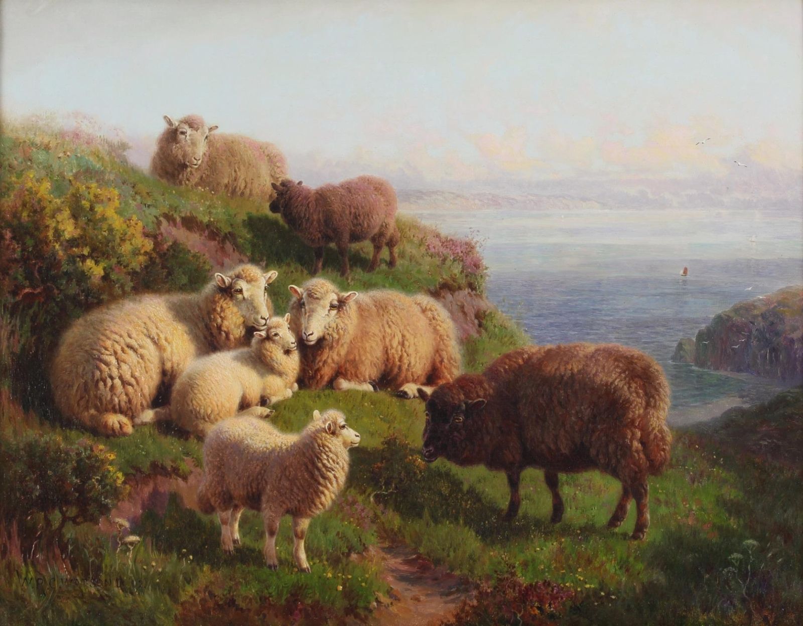 1600x1248 William Watson Antique Fine Oil Painting Sheep Animals Country - Antique Sheep Painting