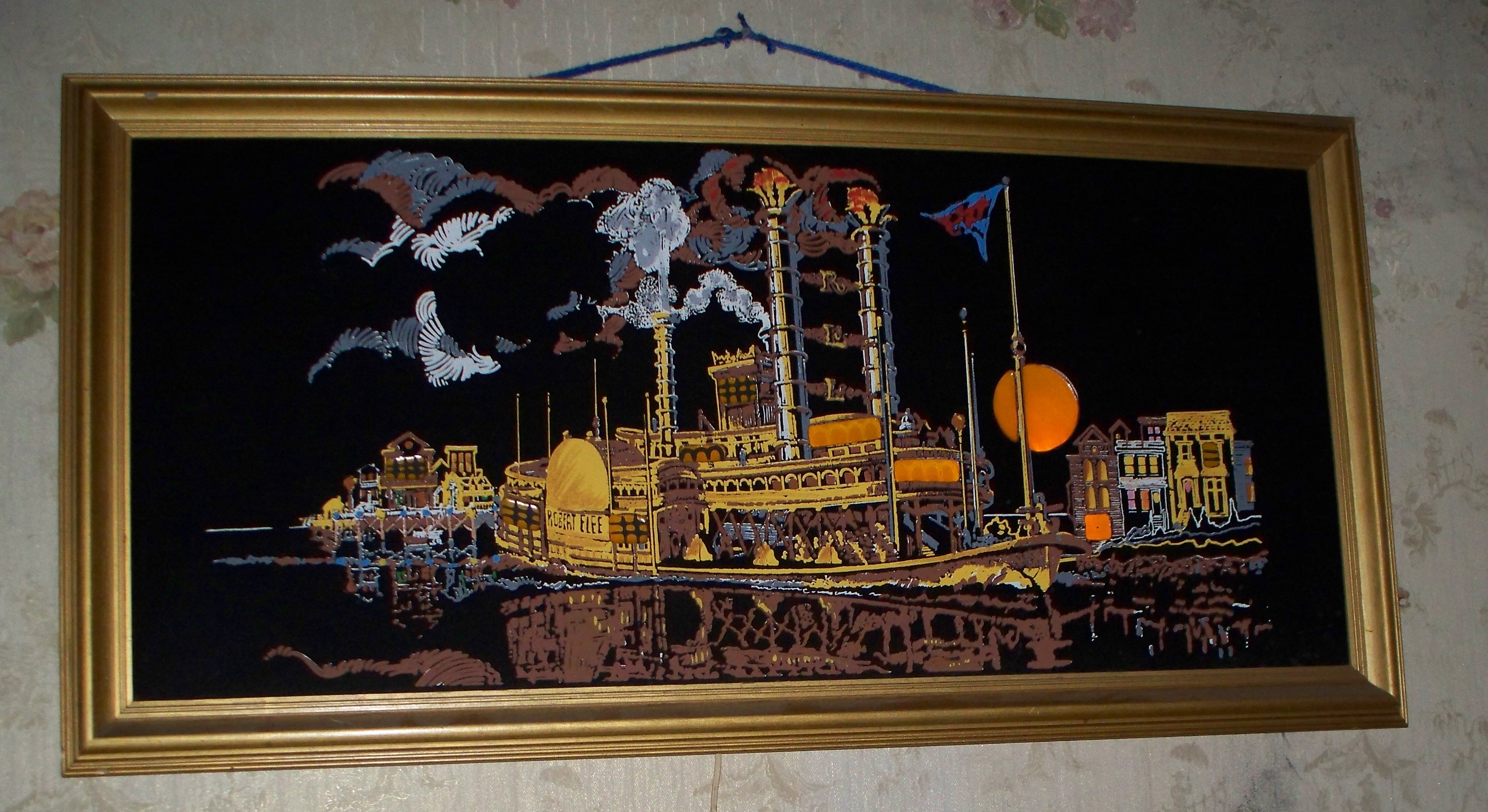3234x1766 Robert E Lee Riverboat Light Up Velvet Painting Antique Appraisal - Antique Velvet Painting