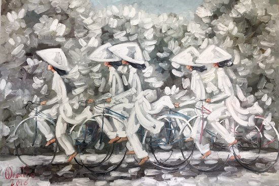 550x366 Schoolgirls In Ao Dai By Artist Quan Tho - Ao Dai Painting