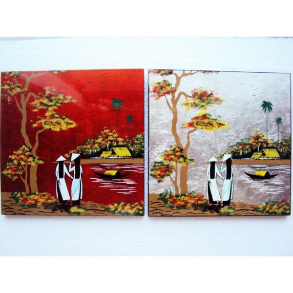600x600 Set 2 Art Lacquer Pictures 20cm Vietnam Girl On Ao Dai Country - Ao Dai Painting