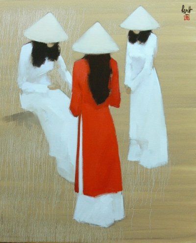 400x496 Three Young Girl Oil Painting - Ao Dai Painting