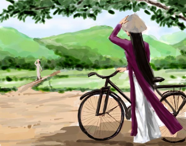 600x472 The Ao Dai And The Bicycle By Amie689 - Ao Dai Painting