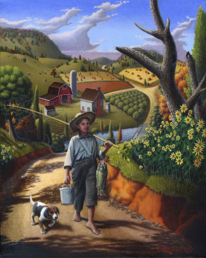 800x1000 Boy Dog Trout Appalachian Farm Art Landscape Painting, Prints - Appalachian Painting