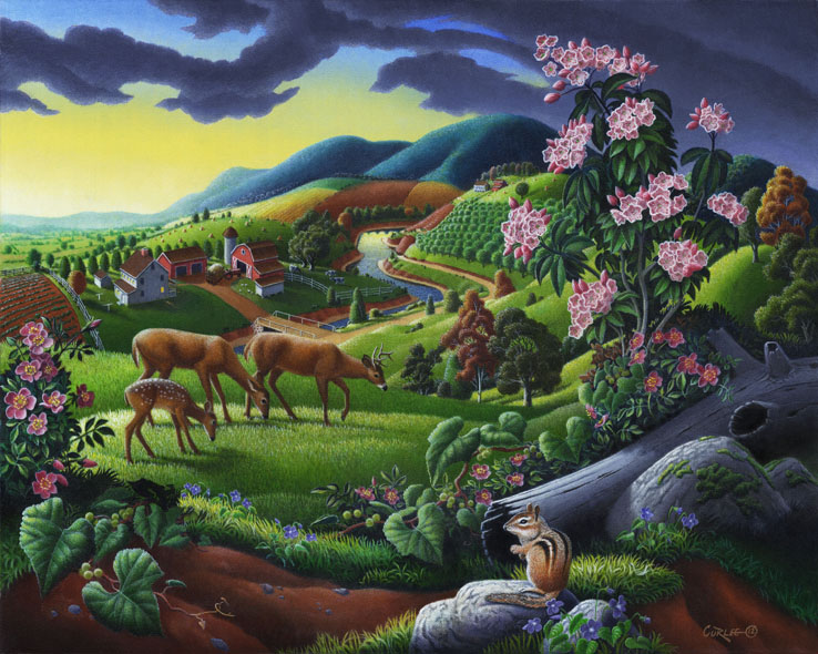 738x590 Deer Chipmunk Nostalgic Appalachian Farm Landscape Art Painting - Appalachian Painting