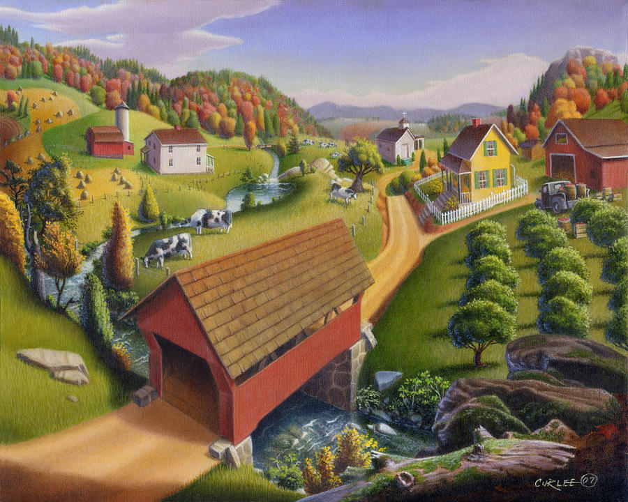 900x720 Folk Art Covered Bridge Appalachian Country Farm Summer Landscape - Appalachian Painting