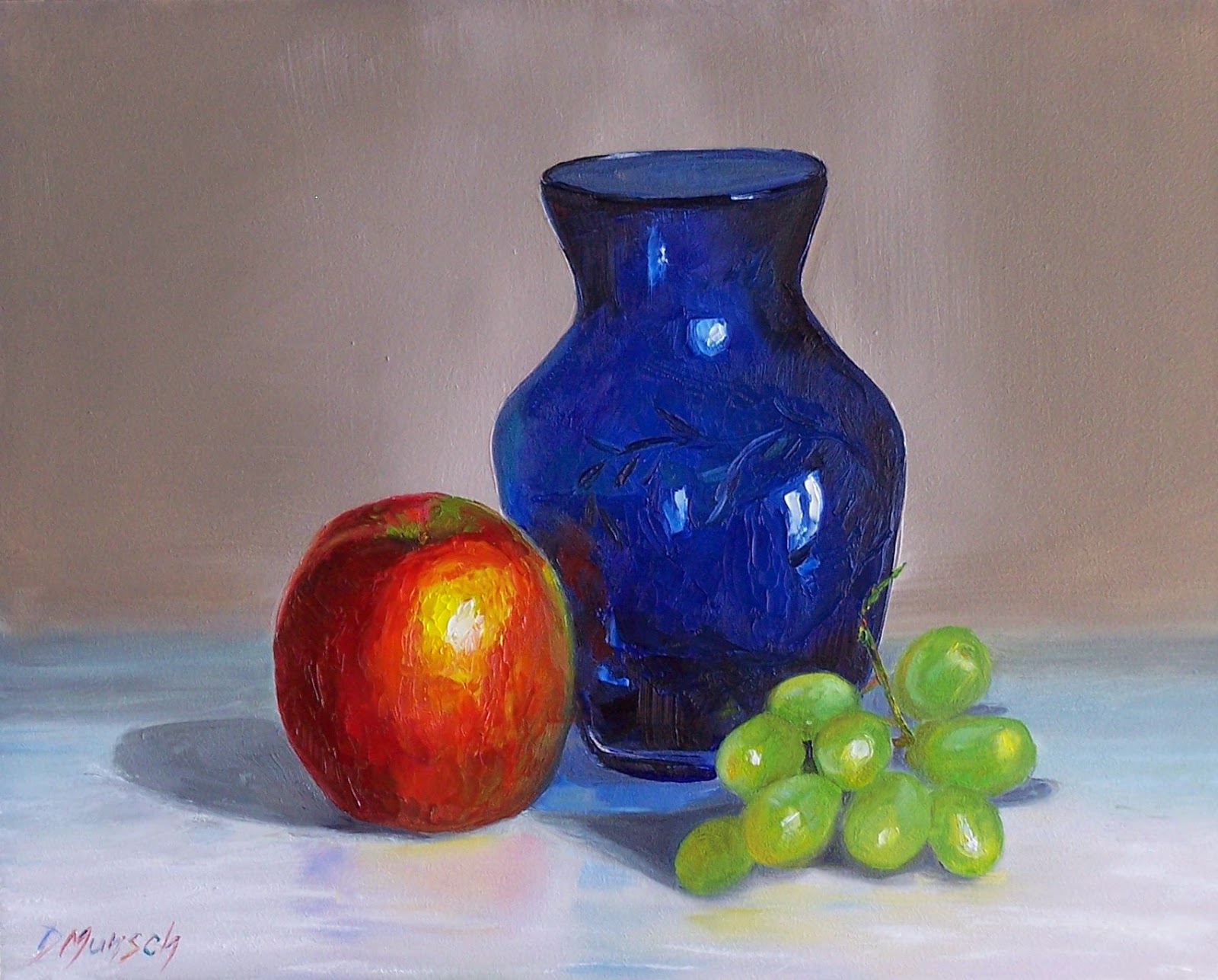 1600x1287 Donna Munsch Fine Art Original Oil Painting Blue Glass Red Apple - Apple Green Painting