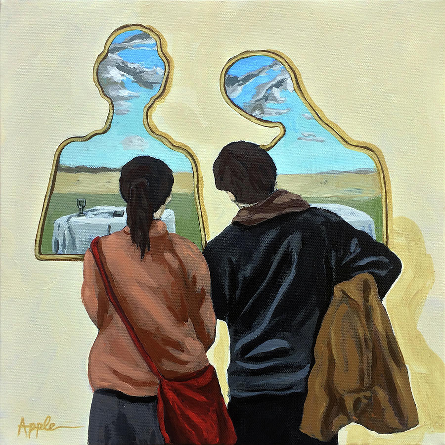 900x900 Couple With Their Heads Full Of Clouds Painting By Linda Apple - Apple Head Painting