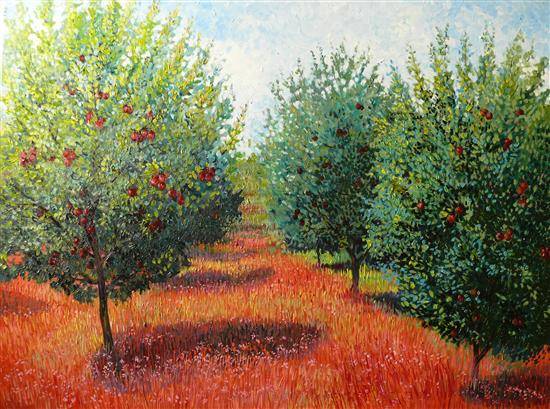 550x409 Apple Orchard, Painting By Professional Artist Chitra Vaidya - Apple Orchard Painting
