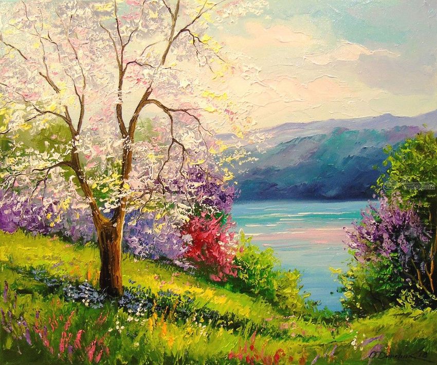 850x711 Blooming Apple Tree On The River Bank Paintings By Olha Darchuk - Apple Tree Painting