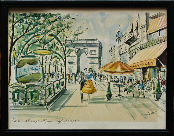 570x447 Sale April In Paris Set 4 Vintage Prints Of Watercolors By - April In Paris Painting