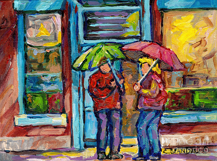 900x671 Montreal Rainy Day Paintings April Showers Umbrella Conversation - April Showers Painting