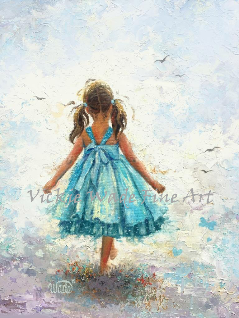 768x1024 Little Aqua Girl With Pigtails Walking Vickie Wade Fine Art - Aqua Painting
