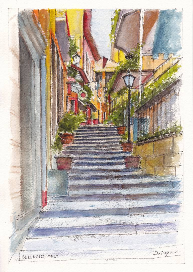 770x1087 Saatchi Art Italy, Bellagio, Street Aquarelle Painting By Dai Wynn - Aquarelle Painting