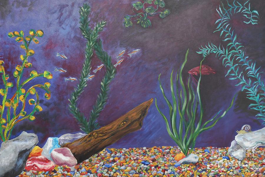 900x600 Colorful Fish Tank Cropped Painting By Emily Michaud - Aquarium Fish Painting