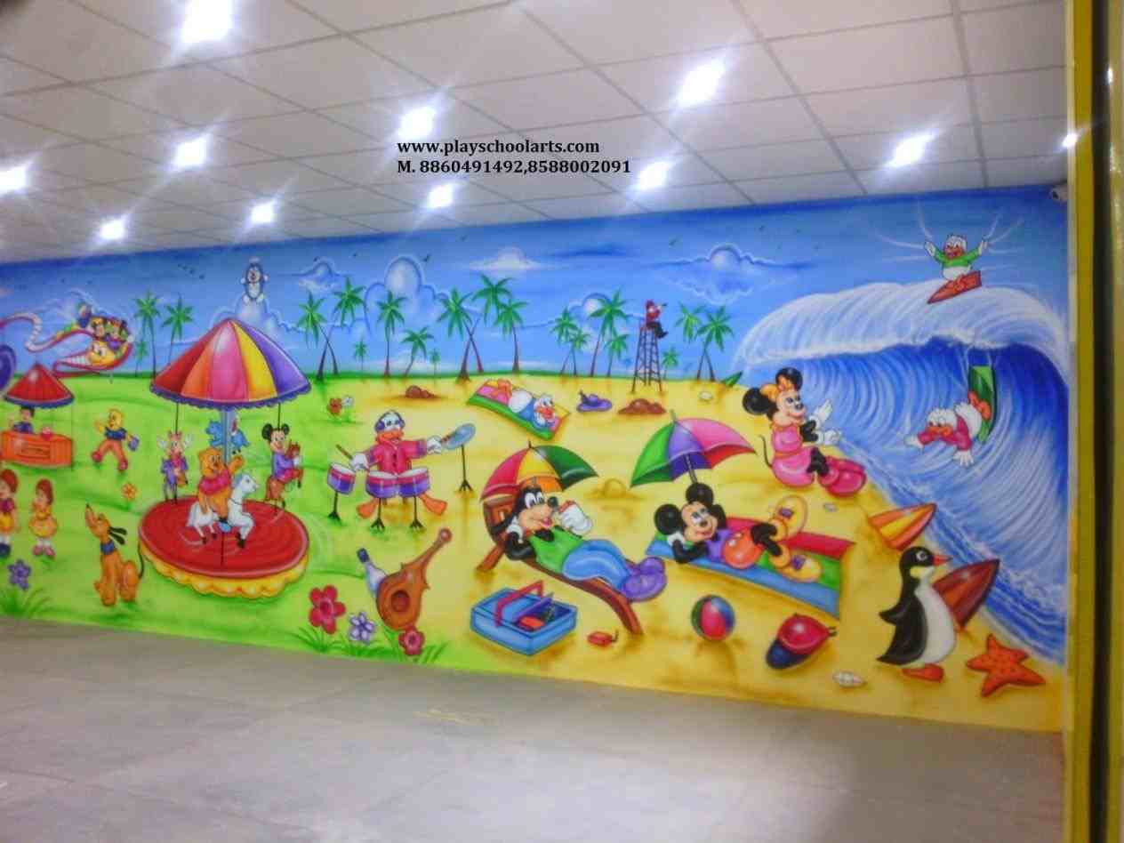 1264x948 Jungle Mural Painting Ideas Kids Cartoon Wall Mural Home Design - Aquarium Painting For Kids
