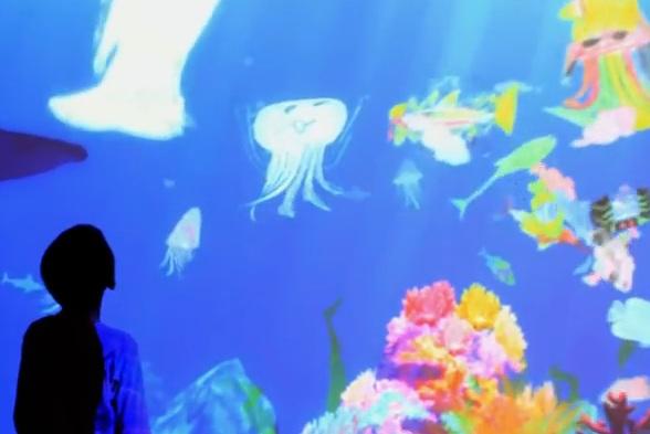 588x393 Kids' Squid And Fish Drawings Swim In A Tokyo Virtual Aquarium - Aquarium Painting For Kids