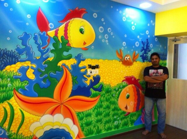 640x478 Now Painting Is Final, Aquarium Themed Wall Painting Fully Hand - Aquarium Painting For Kids