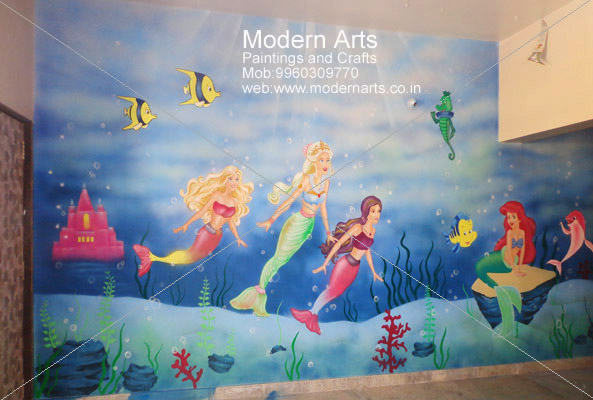 593x400 Painting Artist In Mumbai, Children Bedroom Wall Painting Artist - Aquarium Painting For Kids