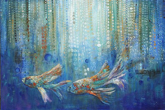 570x381 Blue Fish Painting Aquatic Abstract Modern Koi Fish Made To Order - Aquatic Painting