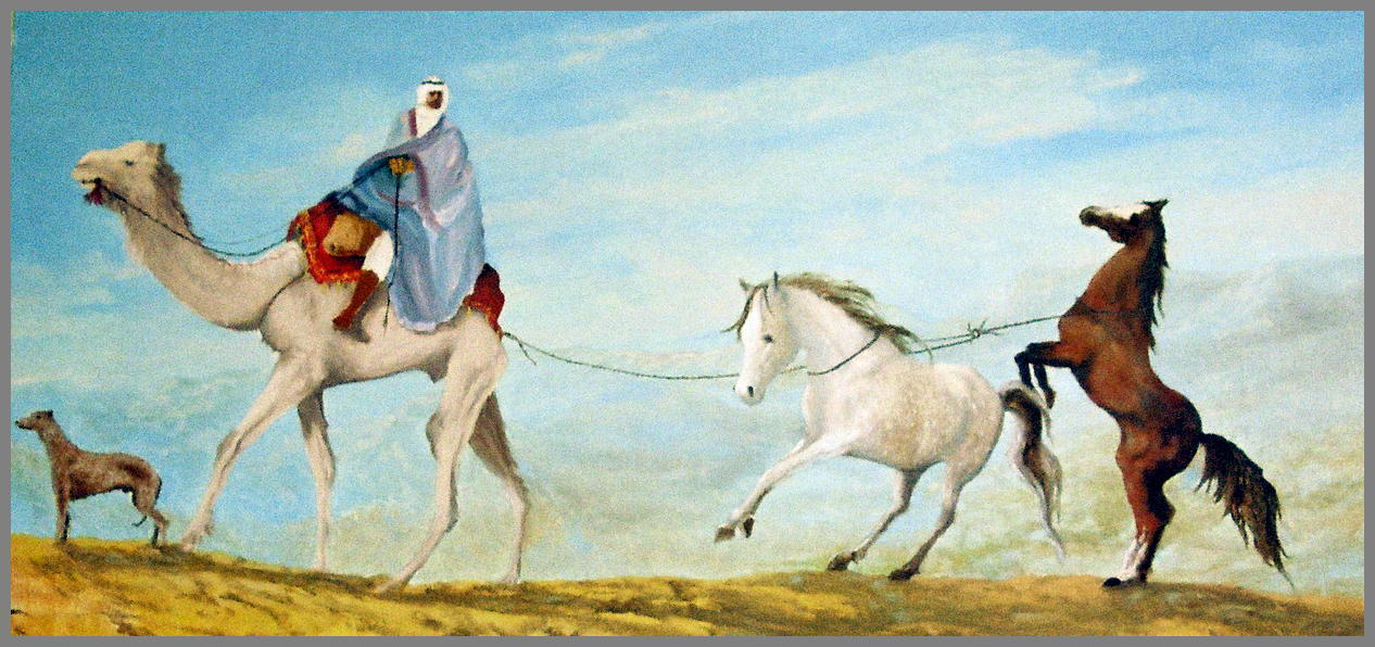 1266x596 Ozzie Kajtezovic Artwork Arabian Horse Trader Original Painting - Arabian Horse Painting